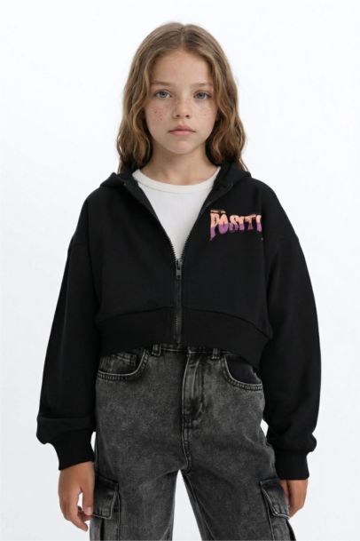 Baskılı Kapüşonlu İçi Yumuşak Tüylü Fermuarlı Sweatshirt Kız Çocuk