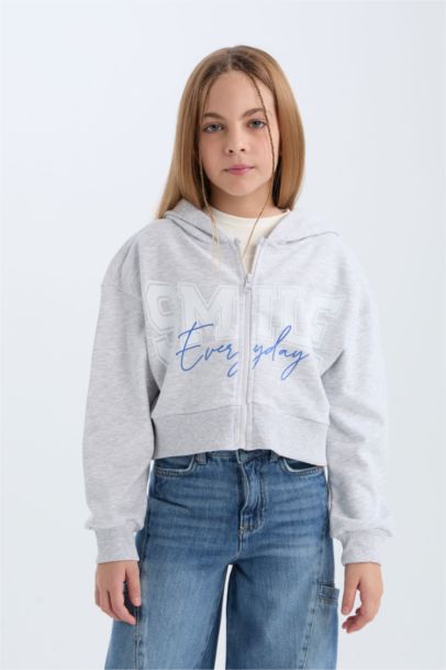 Baskılı Kapüşonlu İçi Yumuşak Tüylü Fermuarlı Sweatshirt Kız Çocuk