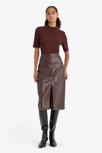 Pencil Skirt Faux Leather High Waist Midi Knitted Skirt