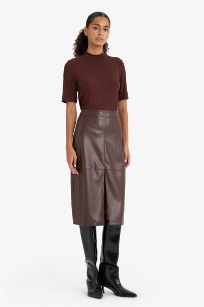 Pencil Skirt Faux Leather High Waist Midi Knitted Skirt