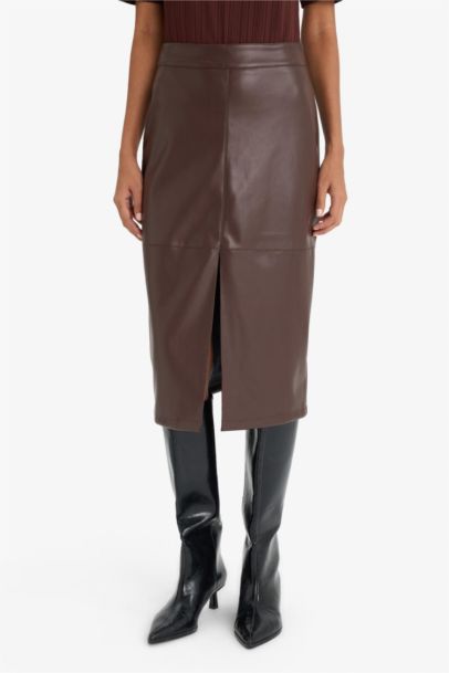 Pencil Skirt Faux Leather High Waist Midi Knitted Skirt