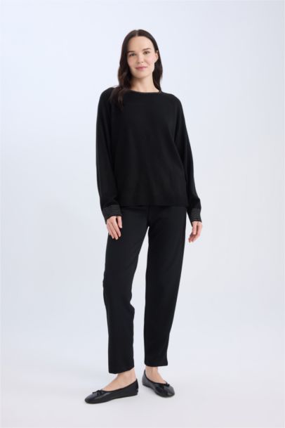 Regular Fit Crew Neck Glittery Black Knitted Pullover Tunic