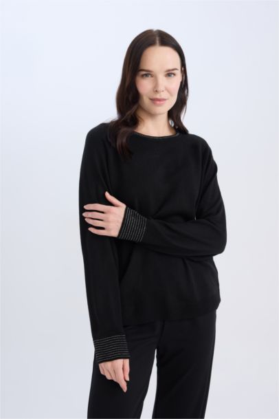Regular Fit Crew Neck Glittery Black Knitted Pullover Tunic
