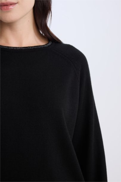 Regular Fit Crew Neck Glittery Black Knitted Pullover Tunic