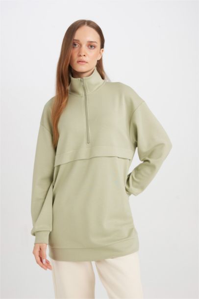 Regular Fit Half Zipper Basic Sweatshirt Tunic