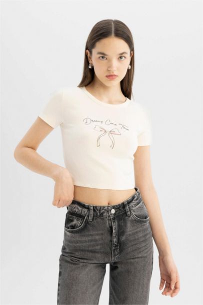 Fitted Crew Neck Printed Ribana Short Sleeve T-Shirt