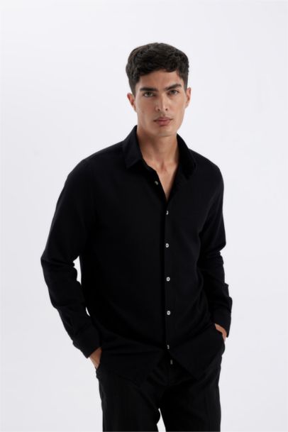 %100 Pamuk Modern Fit Polo Yaka Düz Uzun Kollu Gömlek