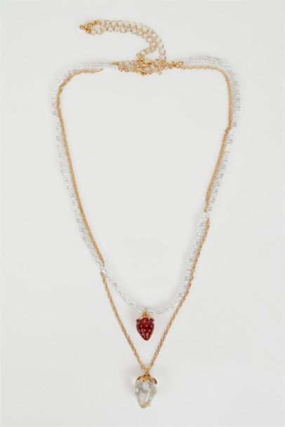 Woman 2 Piece Strawberry Detailed Gold Necklace
