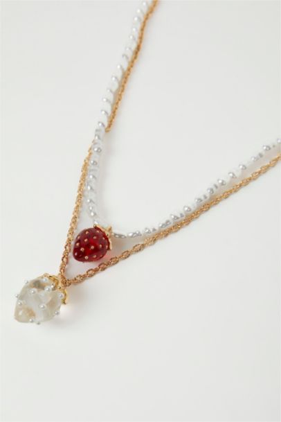 Woman 2 Piece Strawberry Detailed Gold Necklace