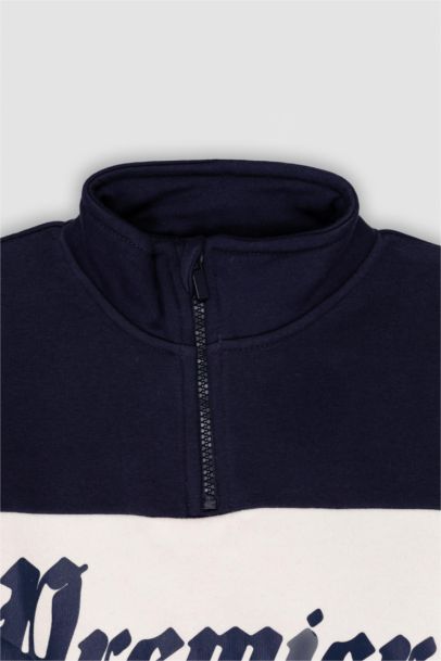 Oversize Geniş Kalıp Yarım Fermuarlı Baskılı Sweatshirt Erkek Çocuk