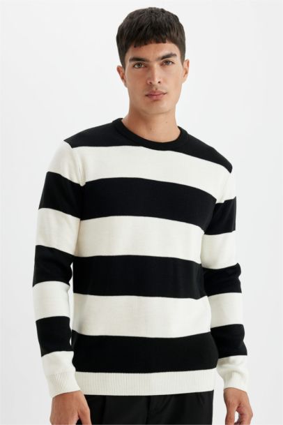 Black Standard Fit Crew Neck Striped Knitted Pullover