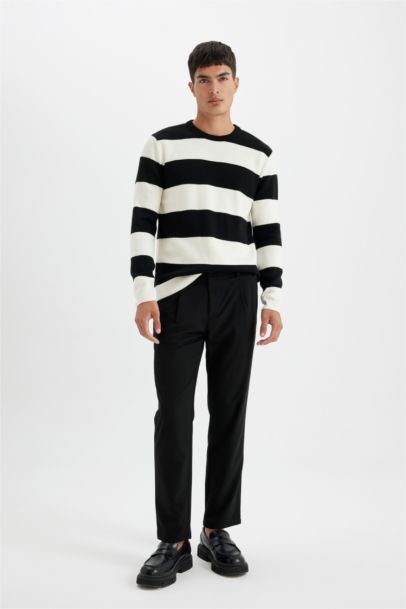 Black Standard Fit Crew Neck Striped Knitted Pullover