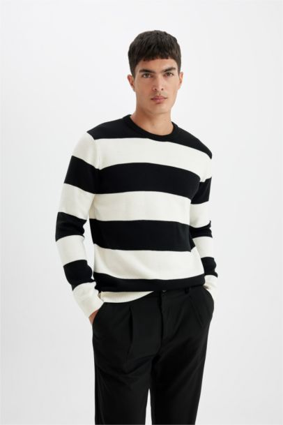 Black Standard Fit Crew Neck Striped Knitted Pullover