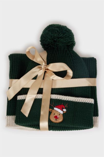 Boy Embroidered Knitted Scarf Beanie 2 Piece