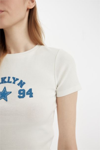 Fitted Crew Neck Printed Rib Short Sleeve T-Shirt