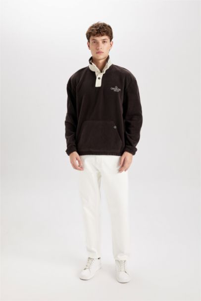 Boxy Fit Snap Closure Stand Collar Polar Sweatshirt