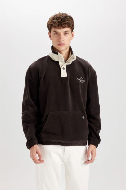 Boxy Fit Snap Closure Stand Collar Polar Sweatshirt