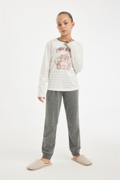 طقم بيجاما بناتي رمادي قصة عادية وكم طويل - قطعتين