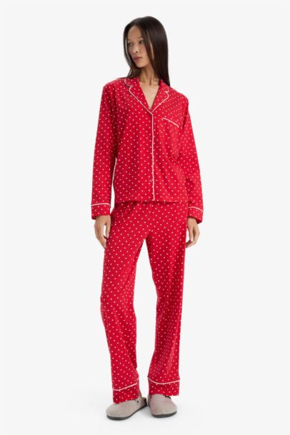 Holiday Themed Regular Fit Polka Dot Top Bottom 2 Pajama Set
