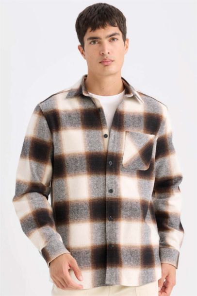 قميص بولو كاروهات ردن طويل فلانيل قصة عادية