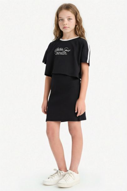 Girl Crew Neck Corduroy Printed Short Sleeve Dress