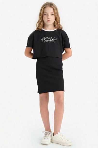 Girl Crew Neck Corduroy Printed Short Sleeve Dress