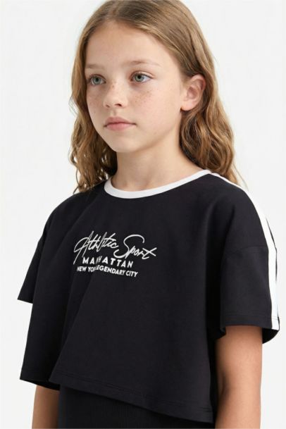 Girl Crew Neck Corduroy Printed Short Sleeve Dress