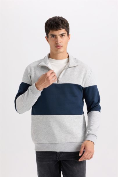 Comfort Regular Fit Stand Collar Zippered Striped Thick Sweatshirt