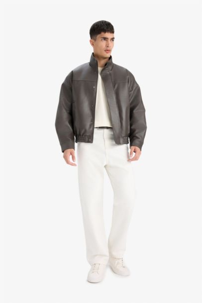 Waterproof Oversize Fit Stand Collar Faux Leather Jacket