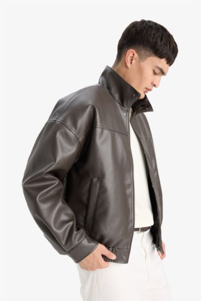 Waterproof Oversize Fit Stand Collar Faux Leather Jacket
