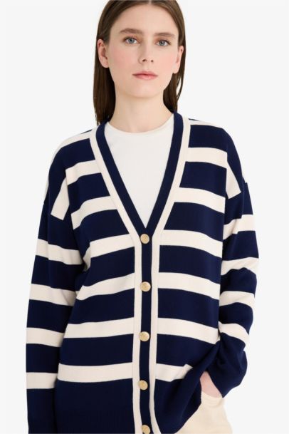 Regular Fit V-Neck Striped Cardigan