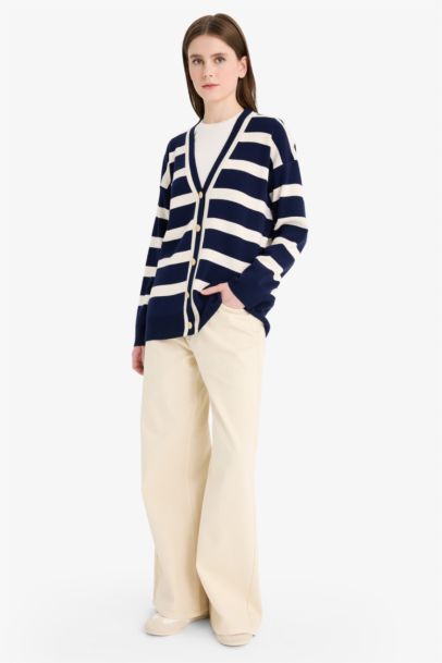 Regular Fit V-Neck Striped Cardigan