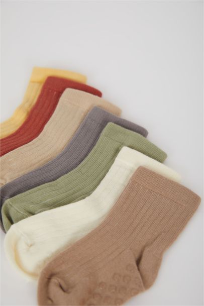 Erkek Bebek Basıc Düz Kaydırmaz Taban 7'li Pamuklu Uzun Çorap