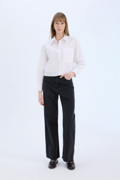 قميص كم طويل من بوبلين برقبة قميص