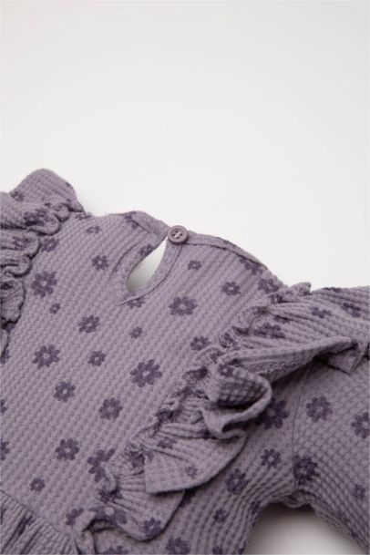 Robe en tricot à motif Floral à Col Rond et manches longues