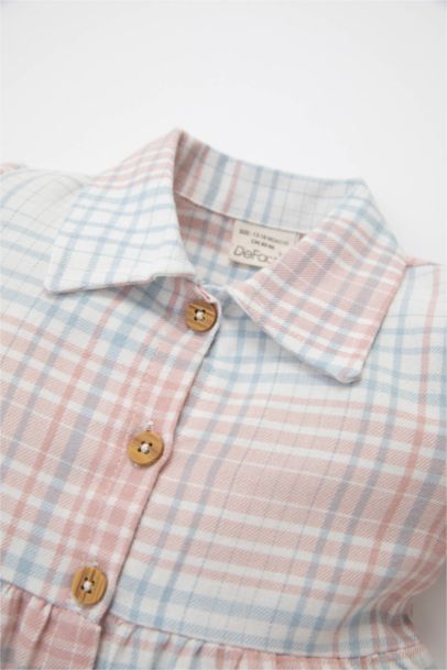 فستان بيبي بناتي كاروهات فلانيل قصة عادية كم طويل وياقة كبيرة