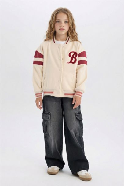 Baskılı Kolej Yaka Çıtçıtlı Çift Cepli Mevsimlik İçi Yumuşak Tüylü Bomber Ceket Kız Çocuk