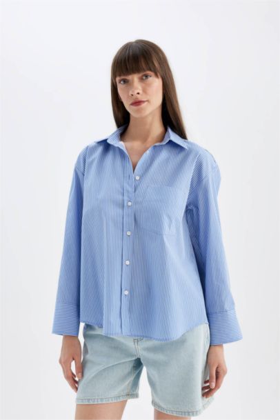 Oversize Fit Poplin Long Sleeve Striped Shirt