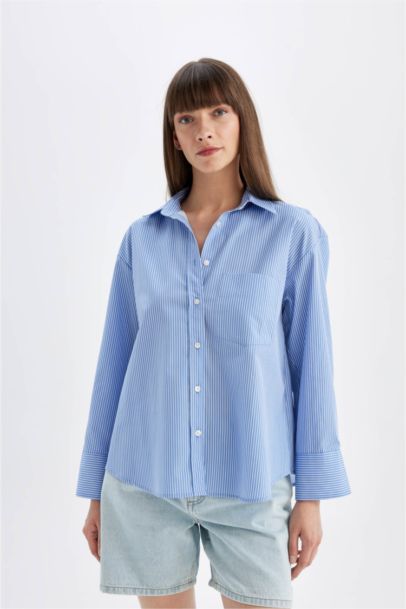 Oversize Fit Poplin Long Sleeve Striped Shirt