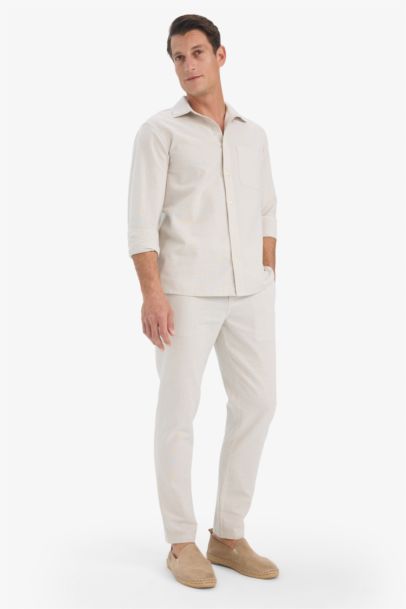 Pantalon slim droit en coton à taille élastique aspect lin avec poches