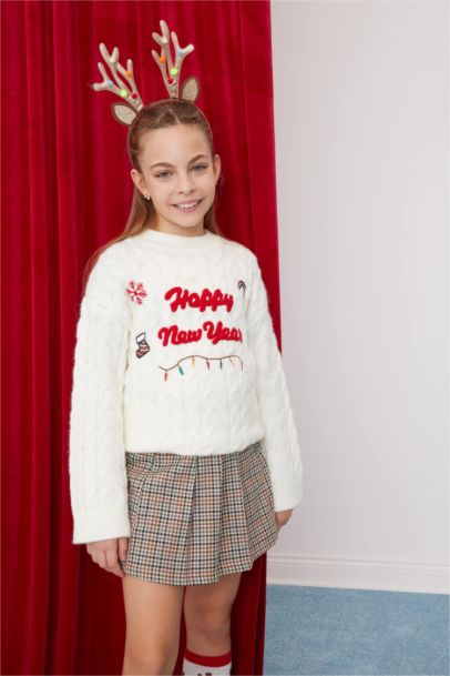 Girl Oversize Fit Pattern Christmas Themed Knitwear Pullover