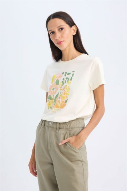 Regular Fit Crew Neck Floral Cotton T-Shirt