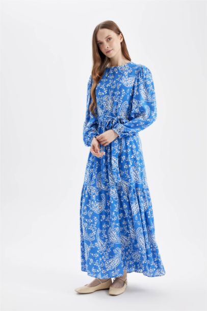 Robe Longue en Viscose à Manches Longues à Motif et col rond