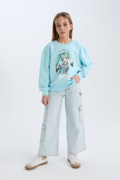 Hatsune Miku Oversize Geniş Kalıp Bisiklet Yaka Sweatshirt Kız Çocuk