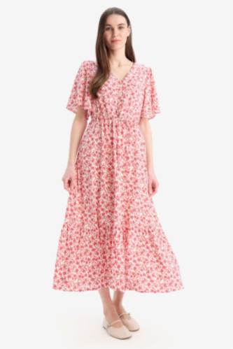 Robe mi-longue fleurie à manches courtes et col V