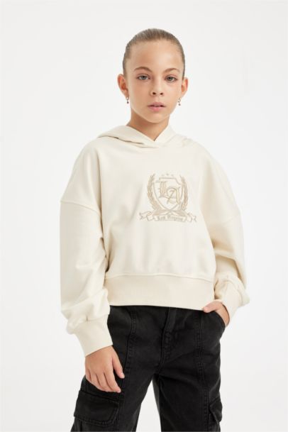 Oversize Geniş Kalıp Kapüşonlu İşlemeli Sweatshirt Kız Çocuk