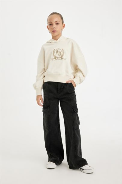 Oversize Geniş Kalıp Kapüşonlu İşlemeli Sweatshirt Kız Çocuk