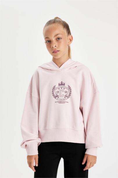 Oversize Geniş Kalıp Kapüşonlu İşlemeli Sweatshirt Kız Çocuk
