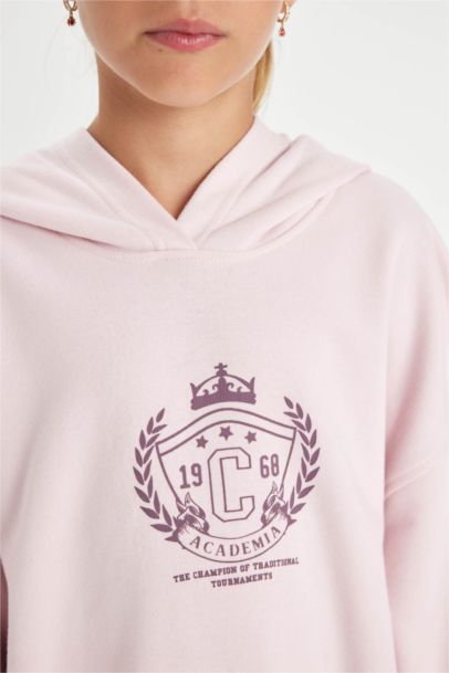 Oversize Geniş Kalıp Kapüşonlu İşlemeli Sweatshirt Kız Çocuk