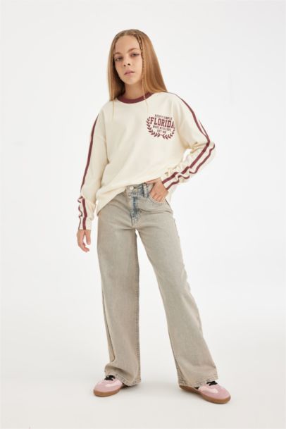 Girl Oversize Fit Crew Neck Printed Long Sleeve T-Shirt